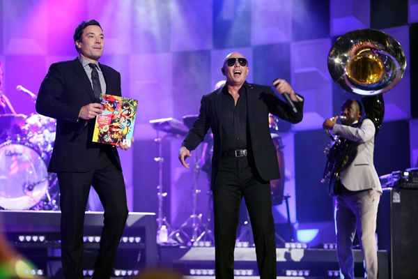 Pitbull rapping with Jimmy Fallon on The Tonight Show at Universal Orlando.